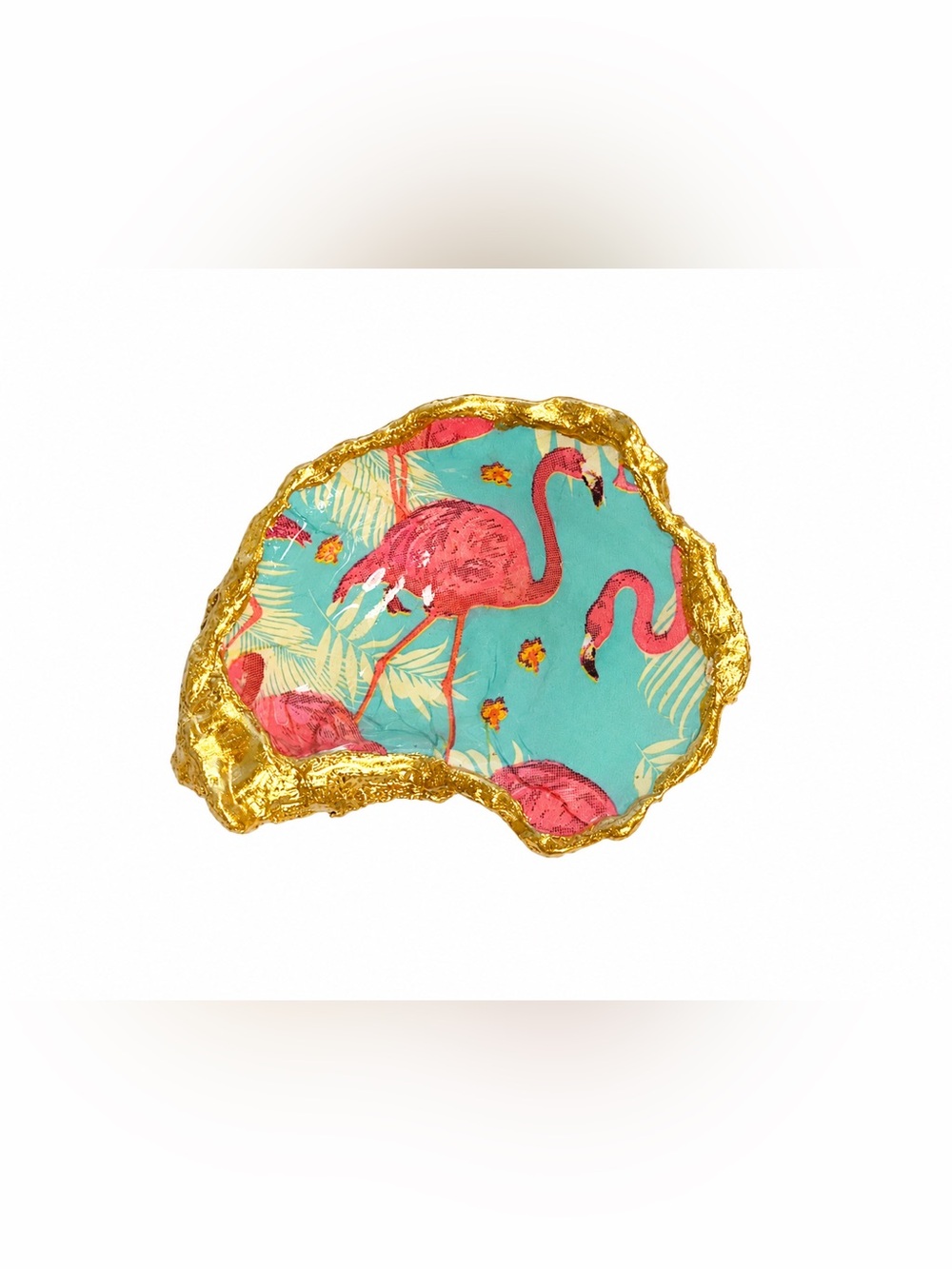 Gold-Trim Flamingo Oyster Shell Decorative Jewelry/Ring Trinket, Handmade by Me